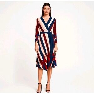 BCBGMAXAZRIA Isabella Wrap Dress Large Burgundy Navy Abstract Preppy Office Chic